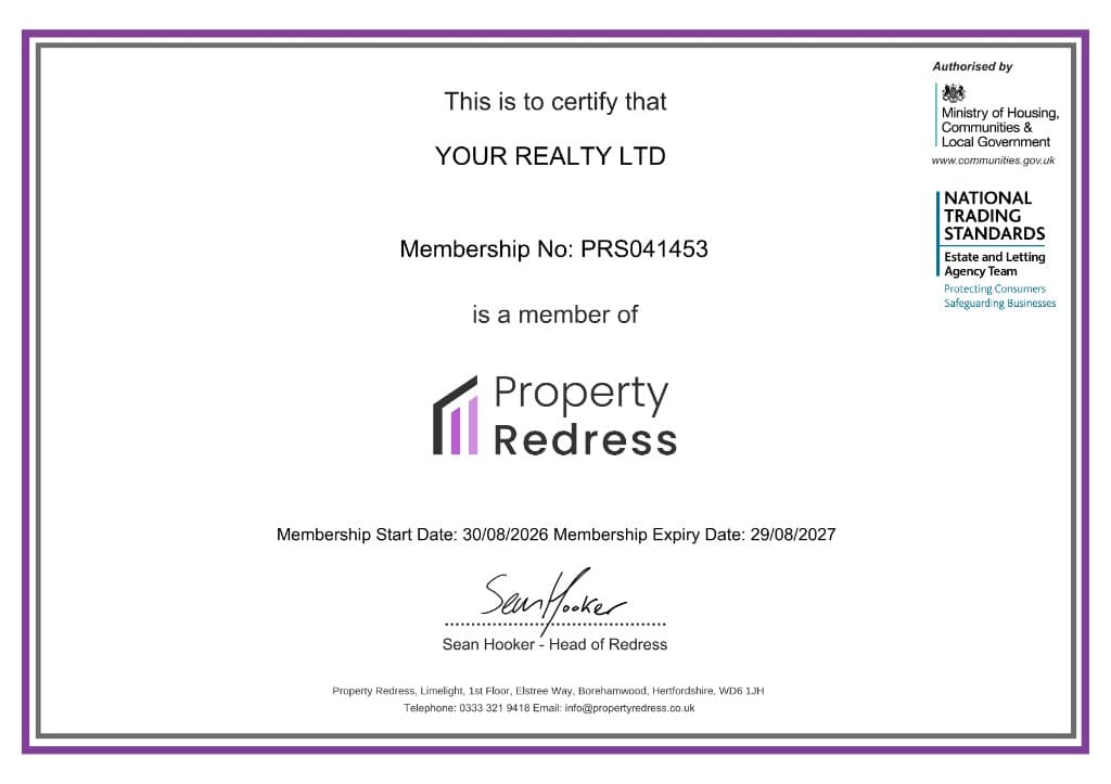 Property Redress Scheme membership certificate for Your Realty Ltd (PRS041453)